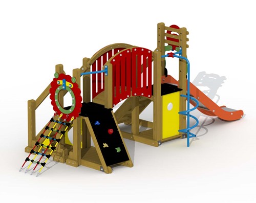 Speeltoestel Mammoet  - gebogen loopbrug en spiraalglijstang - montage op de grond (type B) - Roestvrijstaal