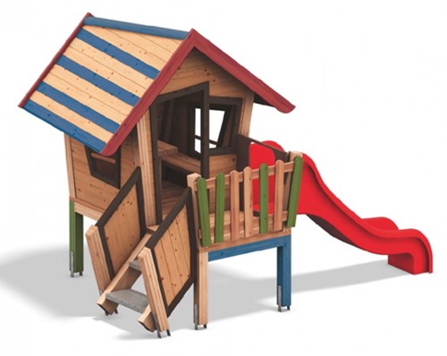 Speelhuis Dwerg met veranda en glijbaan, gekleurd