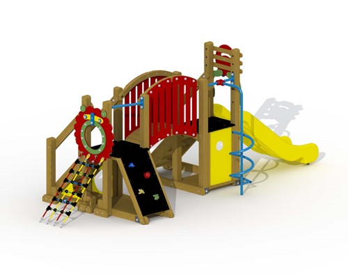 Speeltoestel Mammoet  - gebogen loopbrug en spiraalglijstang - montage in de grond (type A)