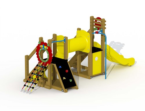 Speeltoestel Mammoet  - gebogen loopbrug en rechteglijstang - montage op de grond (type B) - Kunststof